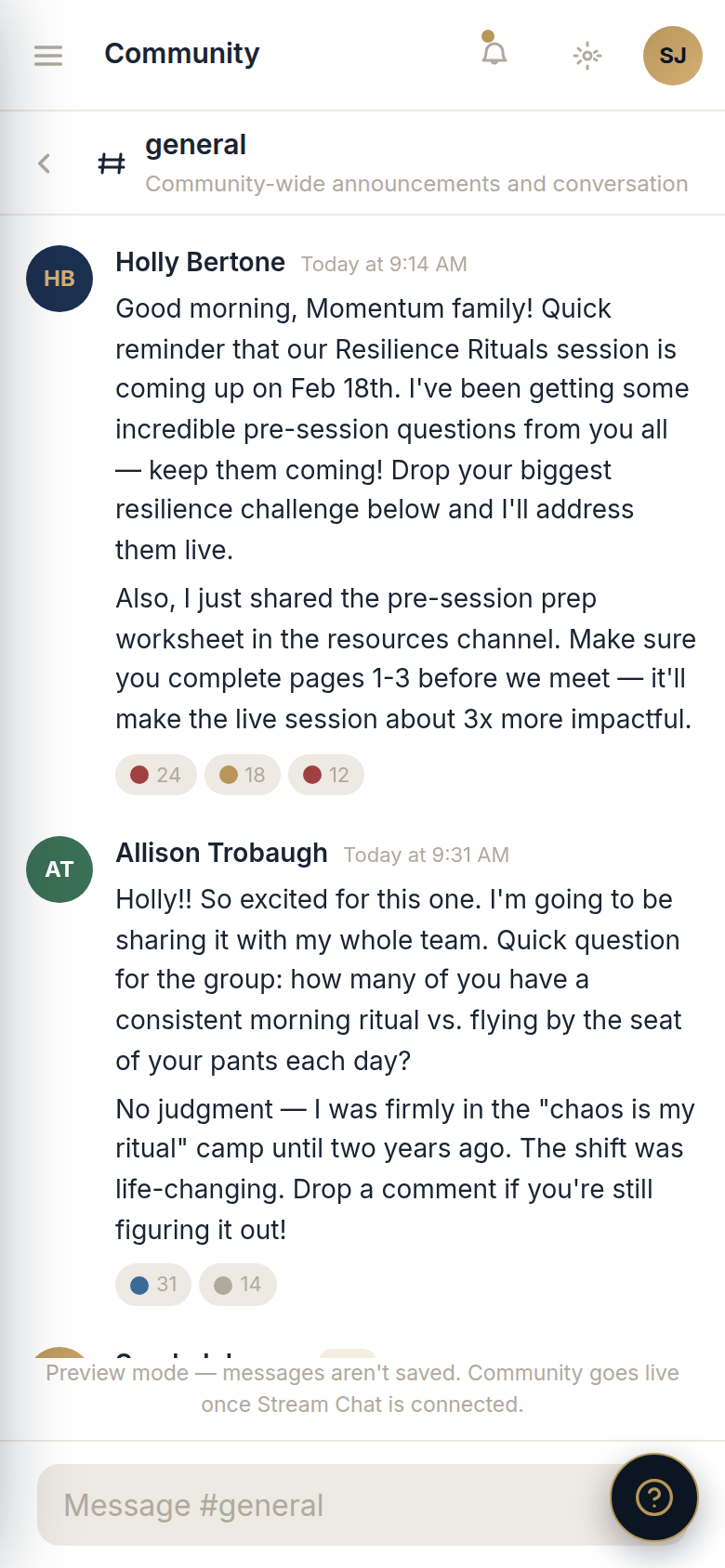 The private Momentum+ member community on a phone