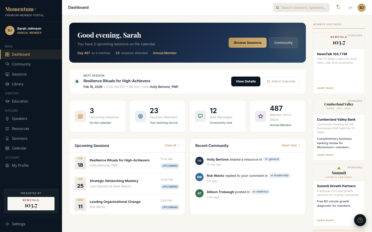 The Momentum+ member dashboard: upcoming sessions, learning record, and community activity