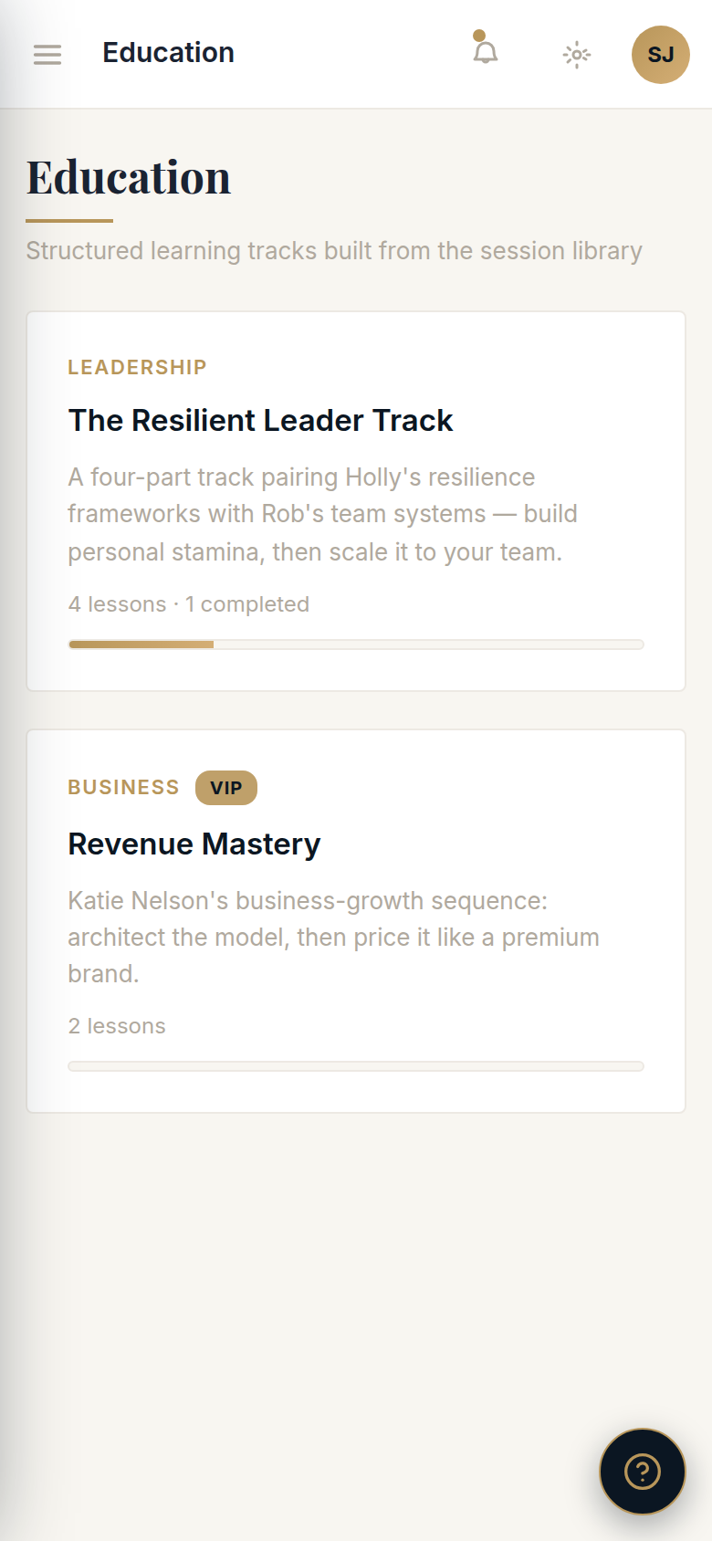 Momentum+ courses with progress tracking on a phone